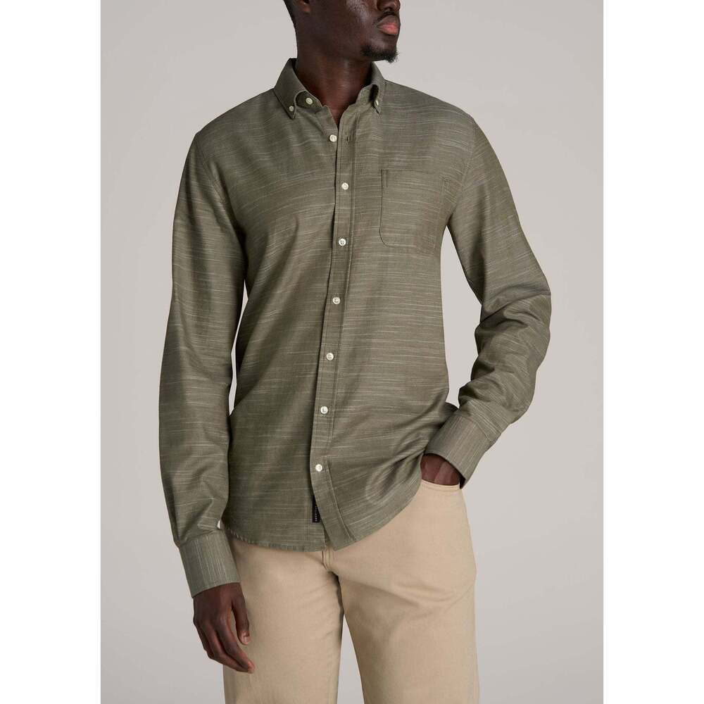 American Tall Textured Weave Cotton Button-Up Shirt for Tall Men in Olive Size 2